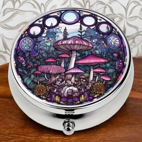 Mushroom Wonderland Pill Box Medicine Mini Steel Case Mirrored Travel Purse Size - Picture 6 of 8